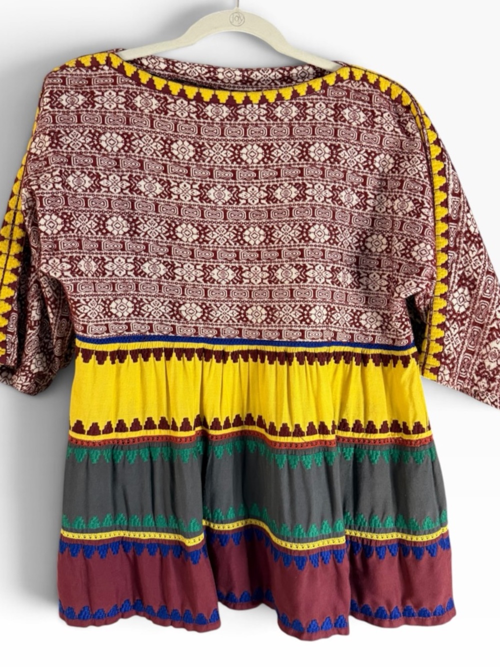 Ivy Jane Multicolor Boho Peasant Baby Doll Top with Patterned Yoke Embroidered S